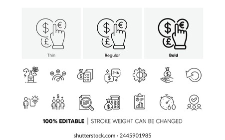 Timer, Consulting and Check article line icons. Pack of Business idea, Meeting, Transform icon. Alcohol addiction, Income money, Money currency pictogram. Recovery data, Approved group, Report. Vector