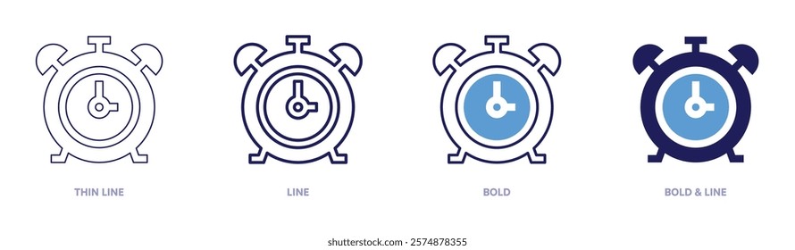 Timer contrast icon in 4 different styles. Thin Line, Line, Bold, and Bold Line. Duotone style. Editable stroke.