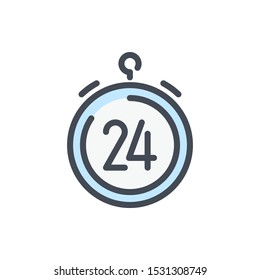 Timer countdown color line icon. Stopwatch with 24 vector outline colorful sign.