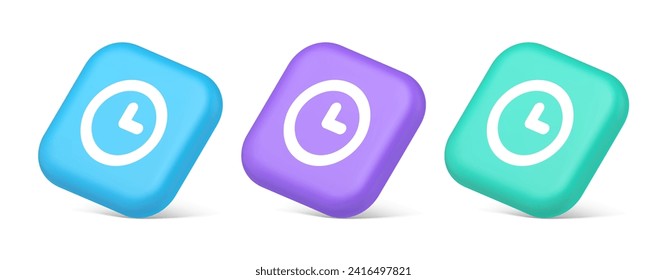 Timer countdown deadline control button time management watch web app design 3d realistic blue purple and green icons. Timing alarm checking user interface keyboard reminder