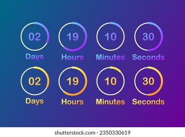 Timer countdown. Flat, color, countdown day hour minute second timer. Vector icons