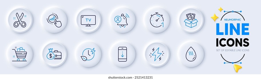 Iconos de línea de temporizador, corte y soborno para App de Web. Paquete de iconos de pictograma de desplazamiento hacia abajo, notificación de usuario, salario. Agua caliente, energía, signos gráficos. Tv, Tiempo de carga, Cesta de la compra. Vector