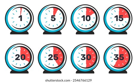 Discagens do temporizador. Medição de minutos. Sinais de relógio analógicos. 5 ou 10 segundos Timepiece com 15, 20, 25 e 30 segmentos. Escala de tempo vermelha. Ícones do serviço de entrega. Vetor