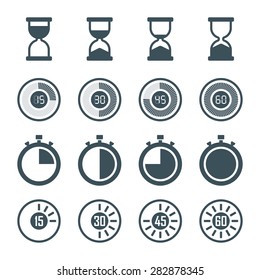 timer, digital timer, stopwatch, hourglass icons set in flat style, isolated on white background. vector illustration