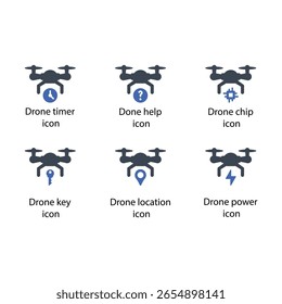Timer, Ajuda concluída, chip, chave, localização, energia, ícone de drone