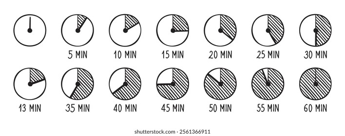 timer doodle icons set. Stopwatch on 0, 5, 10, 13, 15, 20, 25, 30, 35, 40, 45, 50, 55, and 60 minutes. Half and quarter of hour. Vintage hand drawn outline drawing line clipart symbol. Vector