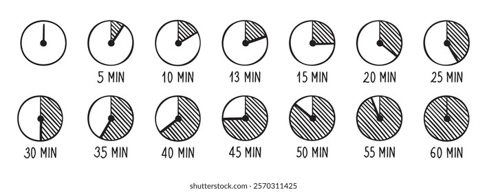 timer doodle icons set. Stopwatch on 0, 5, 10, 13, 15, 20, 25, 30, 35, 40, 45, 50, 55, and 60 minutes. Half and quarter of hour. Vintage hand drawn outline drawing line clipart symbol. Vector