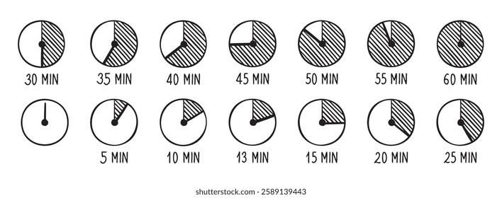 timer doodle icons set. Stopwatch on 0, 5, 10, 13, 15, 20, 25, 30, 35, 40, 45, 50, 55, and 60 minutes. Half and quarter of hour. Vintage hand drawn outline drawing line clipart symbol. Vector