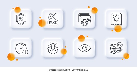 Temporizador, noticias falsas y paquete de iconos de línea de programa de lealtad. Botones de vidrio 3D con círculos borrosos. Vuelo confirmado, ojo, icono de Web de boleto de lealtad. Porcentaje de préstamo, pictograma de la cartera. Vector