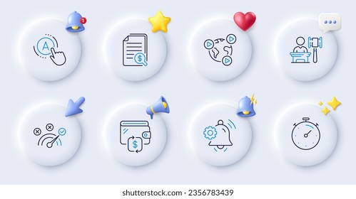 Timer, Financial documents and Video conference line icons. Buttons with 3d bell, chat speech, cursor. Pack of Wallet, Correct answer, Auction icon. Notification bell, Ab testing pictogram. Vector