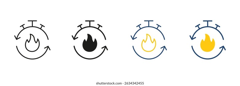 Timer with Flame Line and Solid Icon Set. Countdown and Fire Symbol Collection. Caloric Burn Icon. Timer with Fire Depicting Metabolism Speed Pictogram. Isolated Vector Illustration.
