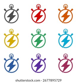 Temporizador com ícone de flash isolado no fundo branco. Definir ícones coloridos