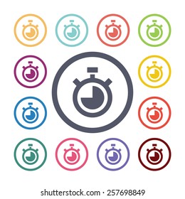timer flat icons set. Open colorful buttons 