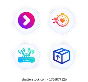 Timer, Forward and Wifi icons simple set. Button with halftone dots. Package sign. Deadline management, Next direction, Internet router. Delivery pack. Business set. Gradient flat timer icon. Vector