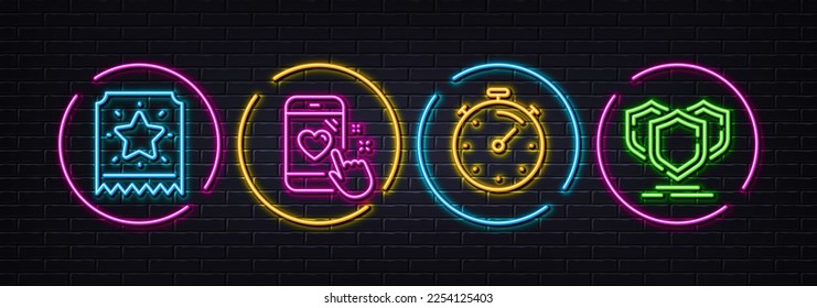 Timer, Heart rating and Loyalty ticket minimal line icons. Neon laser 3d lights. Shields icons. For web, application, printing. Deadline management, Phone feedback, Bonus star. Safe secure. Vector