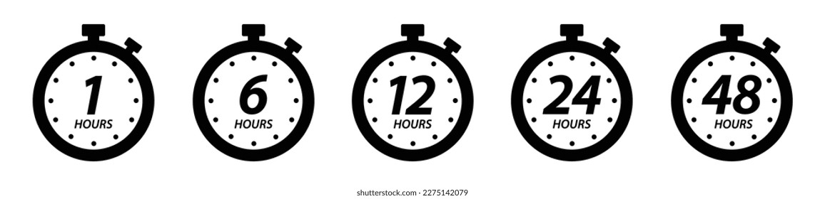 Timer icon. 1, 6, 12, 24, 36, 48 and 72 hours icon, vector illustration