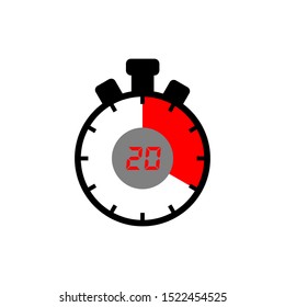 Timer icon. 20 minutes stopwatch symbol. The 20 minutes outline thin line icon isolated on white background.