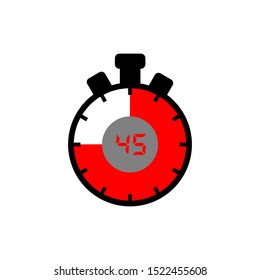 Timer icon. 45 minutes stopwatch symbol. The 45 minutes outline thin line icon isolated on white background.