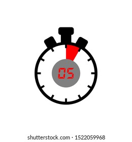Timer icon. 5 minutes stopwatch symbol. The 5 minutes outline thin line icon isolated on white background.