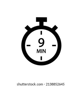Timer icon with 9 minute time interval. Countdown clock or stopwatch symbol. Infographic element for cooking preparing instruction. Vector flat illustration.