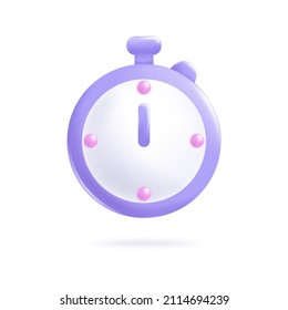 Timer icon in cartoon 3d plastic style, isolated on white background. Vector illustration 3d volumetric stopwatch.