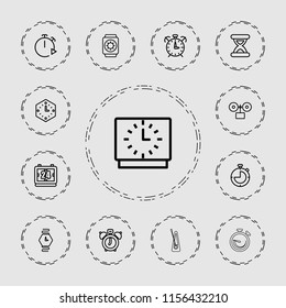 Timer icon. collection of 13 timer outline icons such as clock alarm, wall clock, wrist watch, wrist watch with sun, hourglass, clock. editable timer icons for web and mobile.