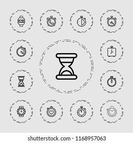 Timer icon. collection of 13 timer outline icons such as alarm, hourglass, stopwatch, wrist watch for woman. editable timer icons for web and mobile.