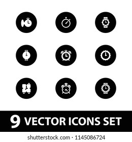 Timer icon. collection of 9 timer filled icons such as alarm, wrist watch for woman, wrist watch, sundial. editable timer icons for web and mobile.