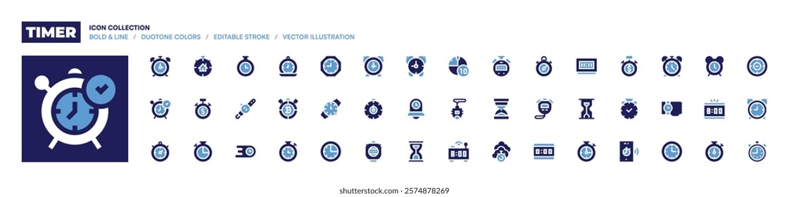 Timer icon collection. Bold style. Duotone colors. fasttime, timer, chronometer, stopwatch, clock, pocketwatch, alarmclock, wristwatch, deadline, alarm.