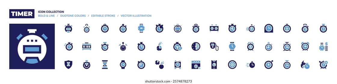 Timer icon collection. Bold style. Duotone colors. deadline, timer, watch, stopwatch, clock, chronometer, alarmclock, sandtimer, antiage.