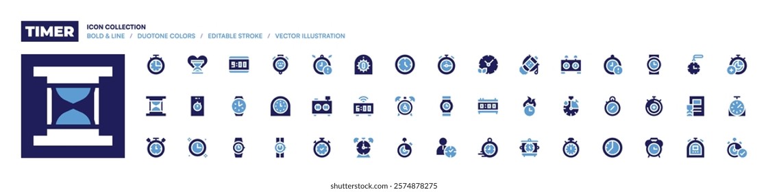 Timer icon collection. Bold style. Duotone colors. kitchentimer, timer, wristwatch, stopwatch, clock, chronometer, watch, time, hourglass.