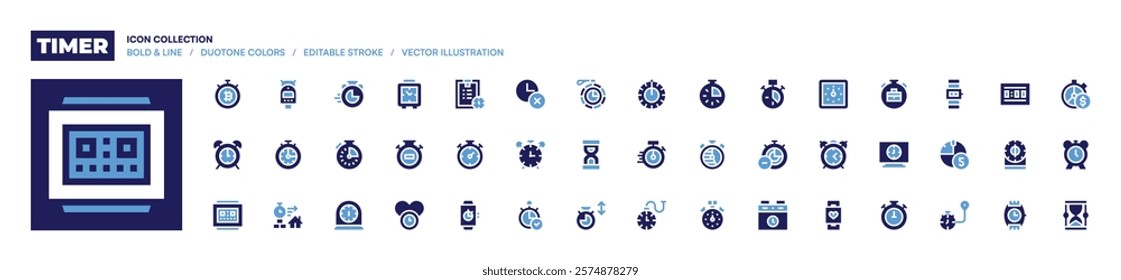 Timer icon collection. Bold style. Duotone colors. chronometer, stopwatch, alarm, heart, timemanagement, process, clock, bitcoin, kitchen, smartwatch, minutes.