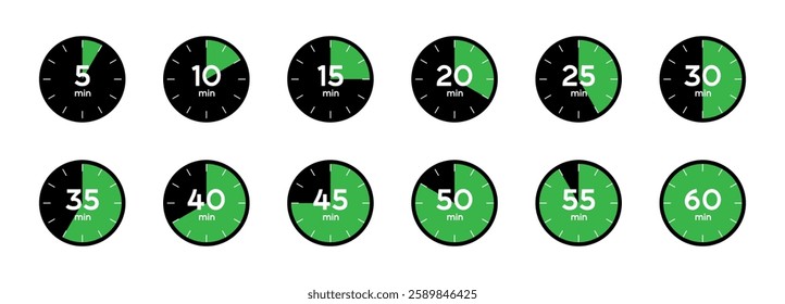 Timer icon collection. Set of timer Stopwatch icons. Countdown from 0 to 60 seconds. 5, 10, 15, 20, 25, 30, 35, 40, 45, 50, 55, 60 min Timer