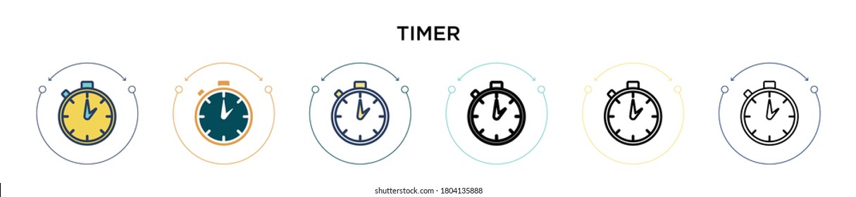 Timer icon in filled, thin line, outline and stroke style. Vector illustration of two colored and black timer vector icons designs can be used for mobile, ui, web