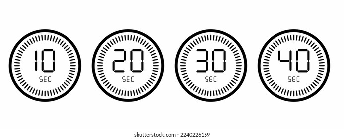 Timer icon illustration. Set timer icons for 10 seconds, 20 seconds, 30 seconds and 40 seconds. Stock vector.