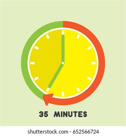 Timer icon with red arrow vector illustration on light green background. 35 minutes timer.
