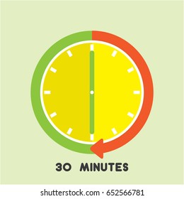 Timer icon with red arrow vector illustration on light green background. 30 minutes timer.