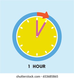 Timer icon with red arrow vector illustration on blue background.1 hour timer.