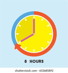 Timer icon with red arrow vector illustration on blue background.8 hours timer.
