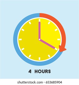 Timer icon with red arrow vector illustration on blue background.4 hours timer.