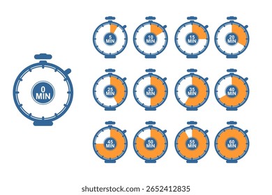 Timer Icon conjunto de 12 cronômetros cronômetros cronômetro azul e laranja em um fundo branco. Timer definido. Ícone de cronômetro de design plano vetorial. Contagem regressiva 5, 10, 15, 20, 25, 30, 35, 40, 45, 50, 55, 60 minutos