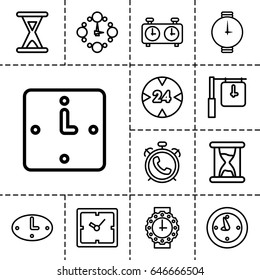 Timer icon. set of 13 outline timericons such as alarm, clock, hourglass, wall clock, wrist watch for woman, wrist watch