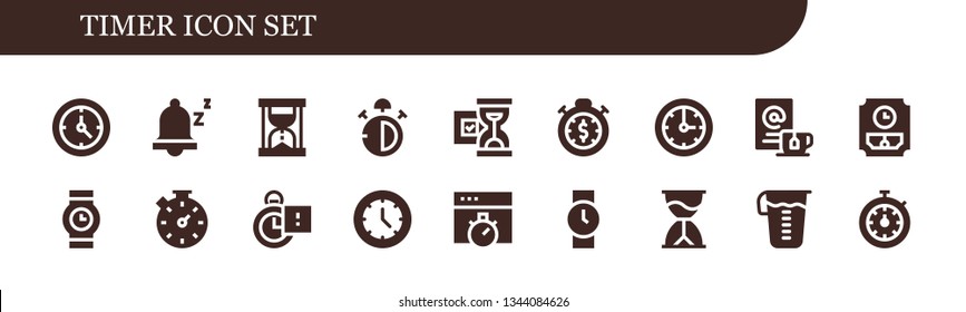 timer icon set. 18 filled timer icons.  Simple modern icons about  - Clock, Snooze, Hourglass, Stop watch, Stopwatch, Wait, Wall clock, Wristwatch, Stopclock, Watch, Chronometer