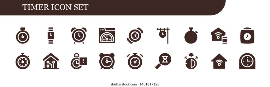 timer icon set. 18 filled timer icons.  Collection Of - Stopwatch, Wristwatch, Alarm clock, Speed, Watch, Clock, Smart home, Stopclock, Sandclock, Stop watch, Smart house
