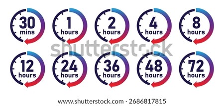Timer icon set 30 minutes, 1, 2, 4, 8, 12, 24, 36, 48, 72 hours, Countdown, clock, timer labels for minutes and hours, Stopwatch blue, red gradient time indicator vector illustration.