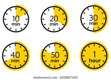 Timer icon set, alarm timer from 10 to 60 minutes, 1 hour. Timer, clock, stopwatch isolated. 10, 20, 30, 40, 50 min, 1 hour. Countdown minutes timer symbol. Vector Illustration.