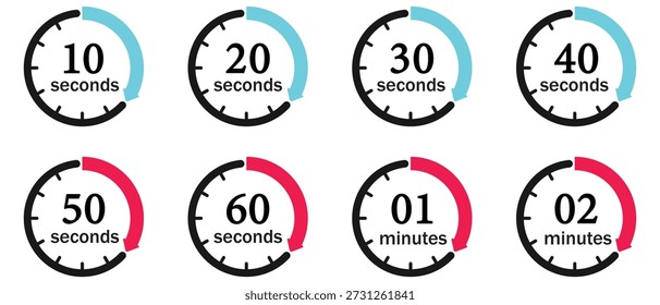 Timer icon set, alarm timer from 10 to 60 second, 1 to 2 minutes icons. Timer, clock, stopwatch isolated. 10, 20, 30, 40, 50, 60 sec and 1,2 min. Countdown minutes timer symbol. Vector Illustration.