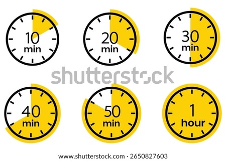 Timer icon set, alarm timer from 10 to 60 minutes, 1 hour. Timer, clock, stopwatch isolated. 10, 20, 30, 40, 50 min, 1 hour. Countdown minutes timer symbol. Vector Illustration.