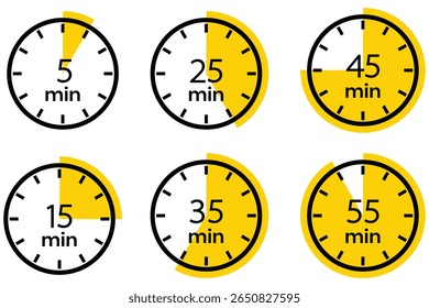 Timer icon set, alarm timer from 5to 55 minutes, Timer, clock, stopwatch isolated. 5, 15, 25, 35, 45, 55, min. Countdown minutes timer symbol. Vector Illustration.