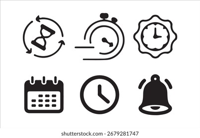 
Ícone de timer definido. Símbolo do relógio despertador. Símbolo de linha do tempo. Contendo relógio, cronômetro. ilustração vetorial eps 10